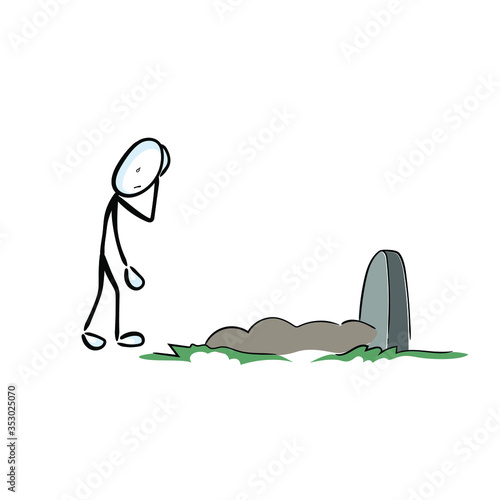 Burial on the graveyard, cemetery. Visiting grave for remembrance. RIP. Hand drawn. Stickman cartoon. Doodle sketch, Vector graphic illustration