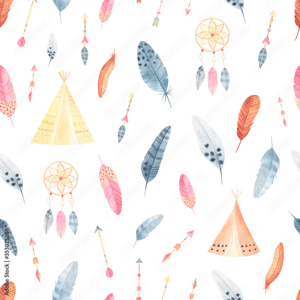 Watercolor boho feathers and arrows seamless pattern on white ...