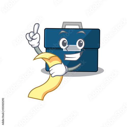 Business suitcase mascot character style with a menu on his hand