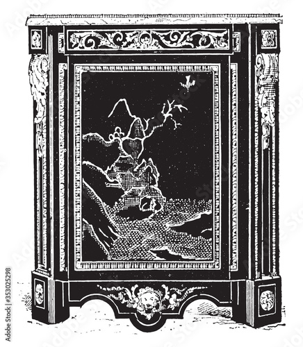 Corner in ebony wood with lacquer panel by Carlin (national furniture), vintage illustration.
