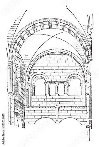Arc formeret. Nave of the church of Vezelay (XII century), vintage illustration.