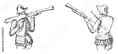Rifles first portable firearms XV century, vintage illustration.