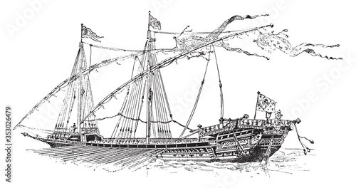 Admiral galley La Reale in the service of the armed King (from 1690 to 1715), vintage illustration.