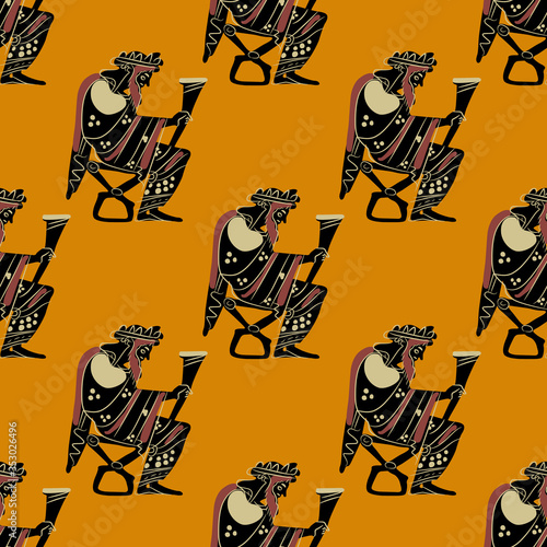 Seamless repeating pattern with silhouettes of ancient Greek god Dionysus holding rhyton of wine. Vase painting style.