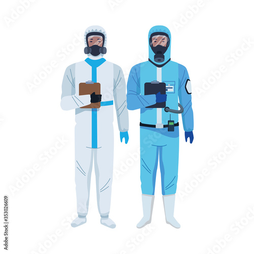 workers wearing biosafety suits characters