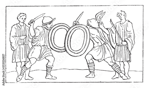 Gladiators fighting after an ancient mosaic, vintage illustration.