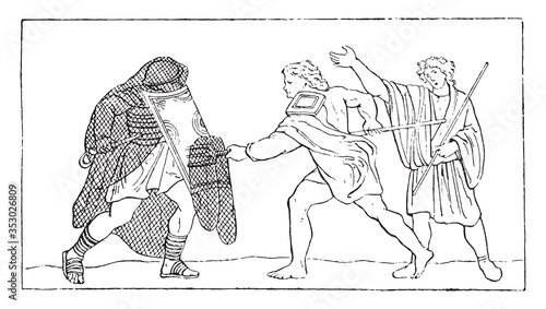 Gladiators fighting after an ancient mosaic, vintage illustration.