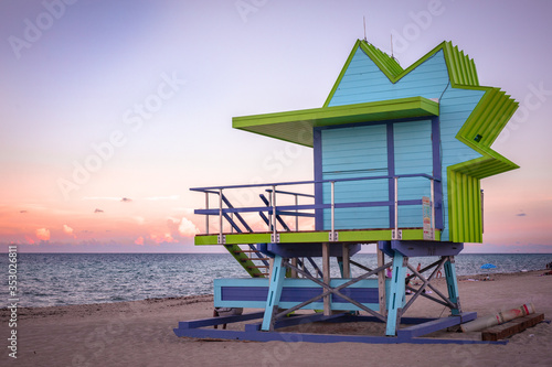 Miami Beach, Florida - Colorful sunset and Miami Beach lifeguard tower © Leland Sandberg