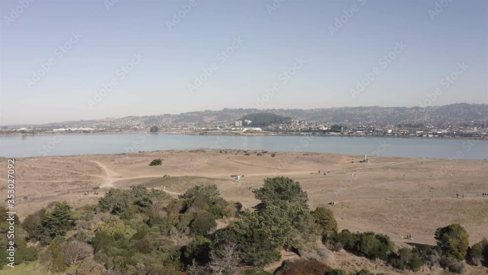 Aerial establishing view of Cesar Chavez park and coastal area, Berkeley, California Aerial establishing view of Cesar Chavez park and coastal area, Berkeley, California
