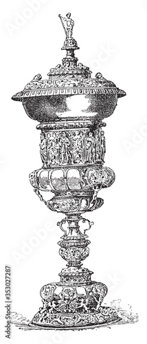 Hanap in gilded silver (XVI century), vintage illustration.