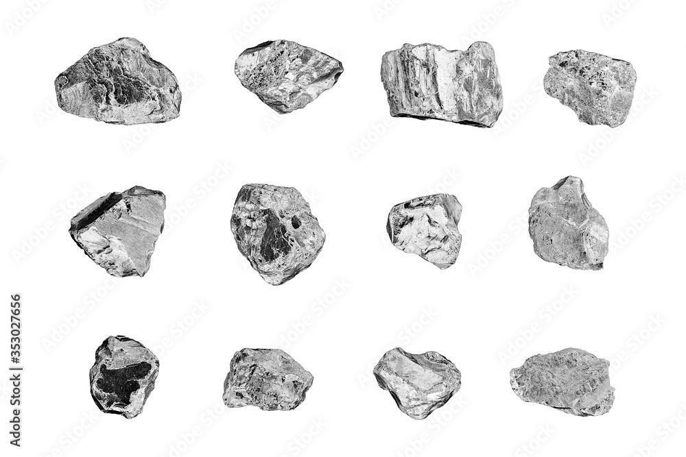 Silver stones set white background isolated closeup, iron mine nugget collection, gray metallic rock samples texture, raw metal ore pieces, group shiny grey lumps, natural mineral chunk, rough rubbles Silver stones set white background isolated closeup, iron mine nugget collection, gray metallic rock samples texture, raw metal ore pieces, group shiny grey lumps, natural mineral chunk, rough rubbles