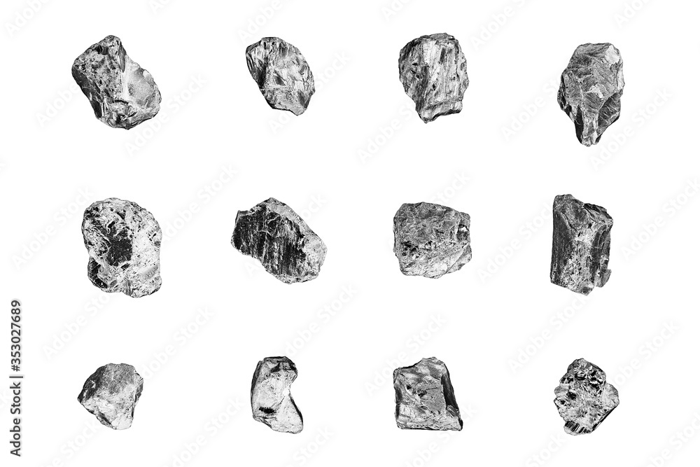 Naklejka premium Silver stones set white background isolated closeup, iron mine nugget collection, gray metallic rock samples texture, raw metal ore pieces, group shiny grey lumps, natural mineral chunk, rough rubbles