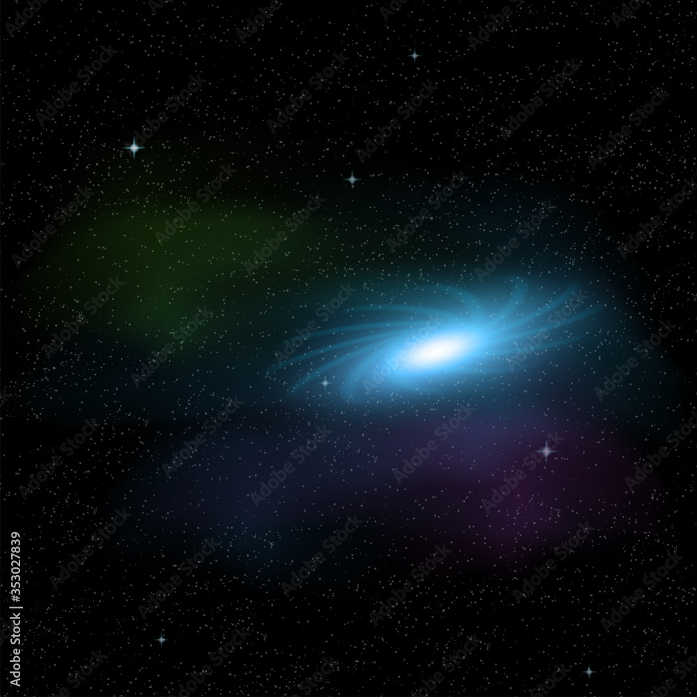 Fantastic space background with realistic bright stars and colorful gas clouds. Vector