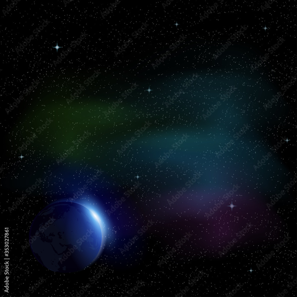 Obraz premium Fantastic space background with realistic bright stars and colorful gas clouds. Vector