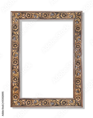 Pattern of flower carved on wood frame isolated on white with clipping path include.