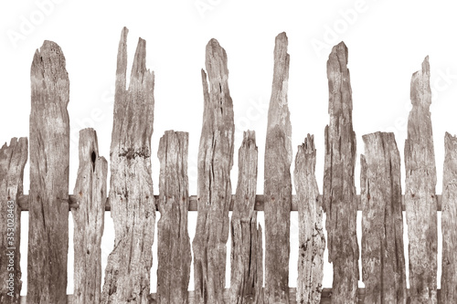 Old wooden fence weathered or decayed wooden stump isolated on white with clipping path included.