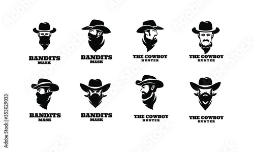 set collection american Western Bandit Wild West Cowboy Gangster with Bandana Scarf Mask Logo illustration photo