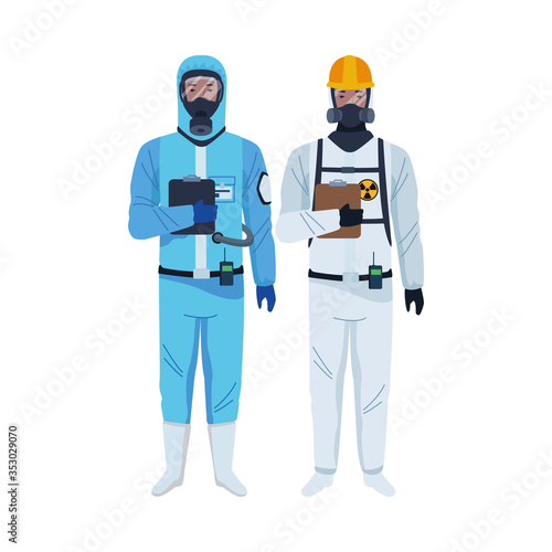 workers wearing biosafety suits characters