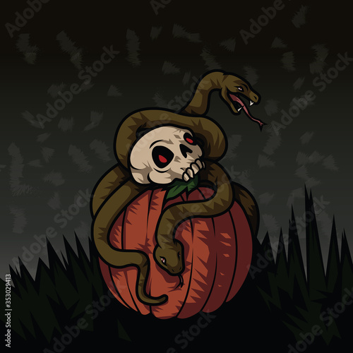 Two creepy snakes curling around a skull with scary glowing eyes