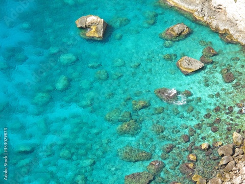 Beautiful turquoise ocean water with white rock, Zakynthos island, Greece. Sea water background with bright texture.