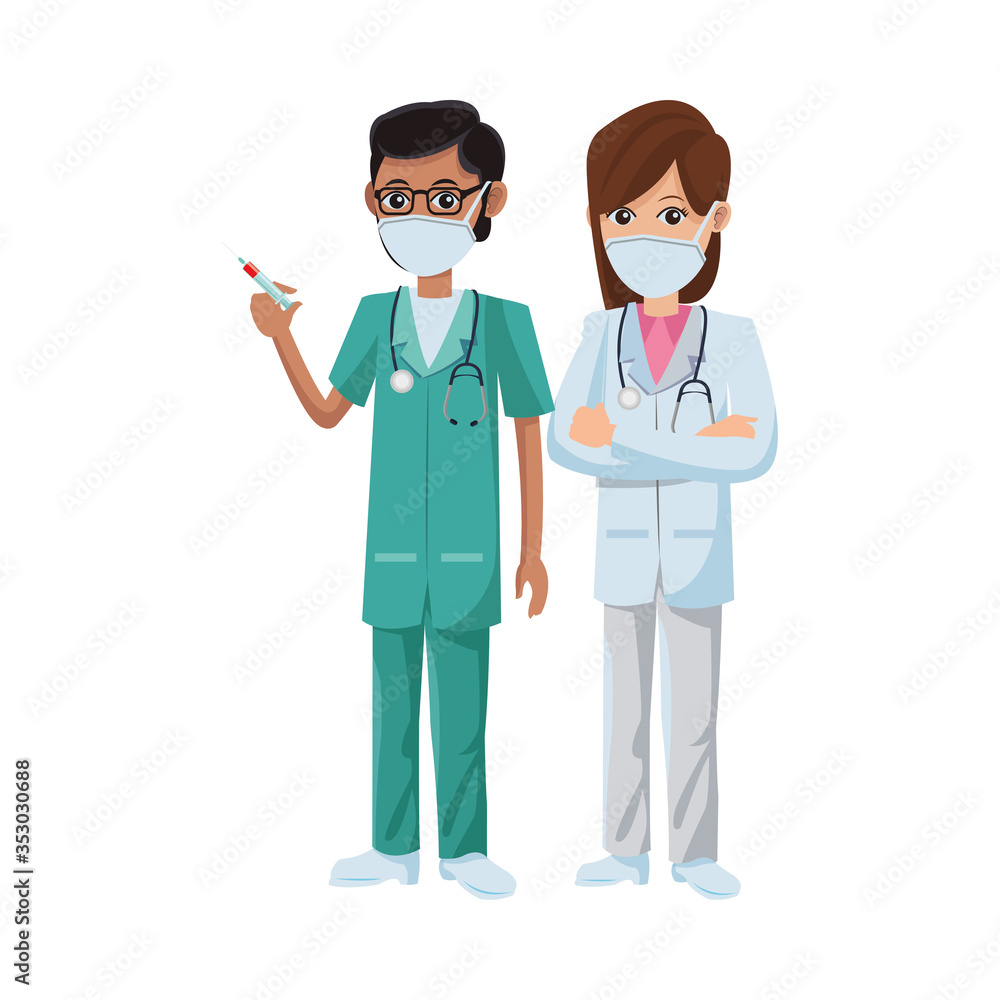 couple doctors using medical masks and vaccine couple doctors using medical masks and vaccine
