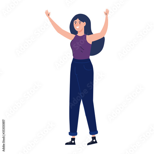 young woman excited hands up on white background vector illustration design