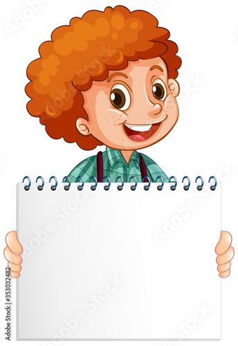 Blank sign template with cute boy on white background