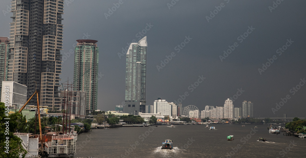 Fototapeta premium panoramic view of Bangkok (cityscape) with Chao Praya river, Bangkok, Thailand