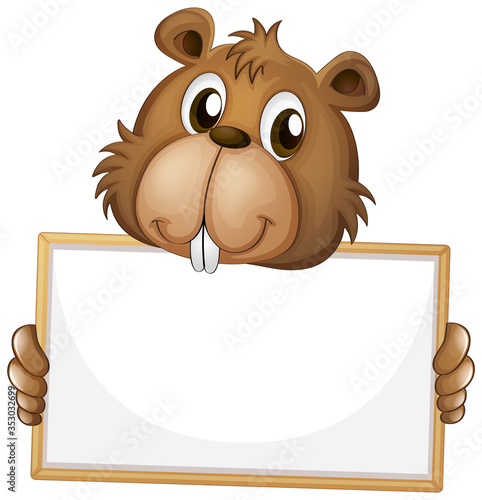 Blank sign template with cute beaver on white background