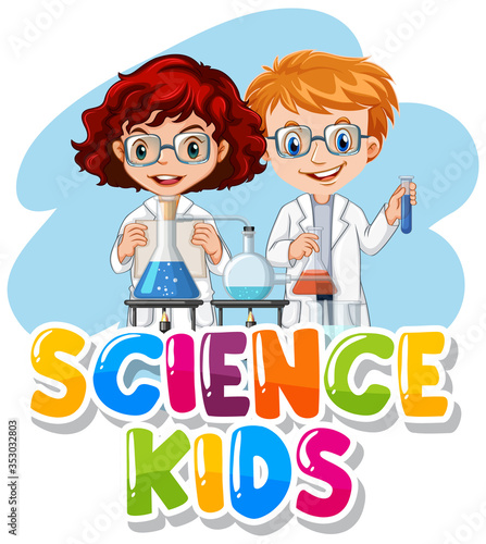 Font design for word science kids with kid in the lab
