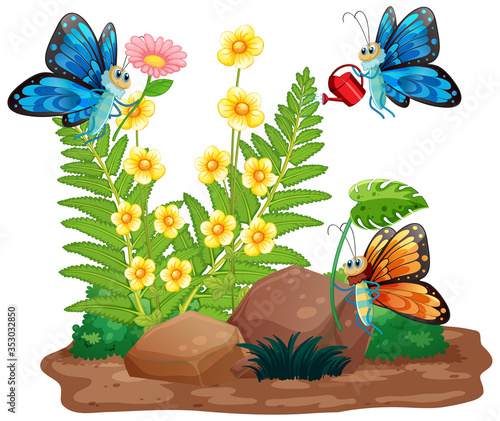 Gardening scene with butterflies flying