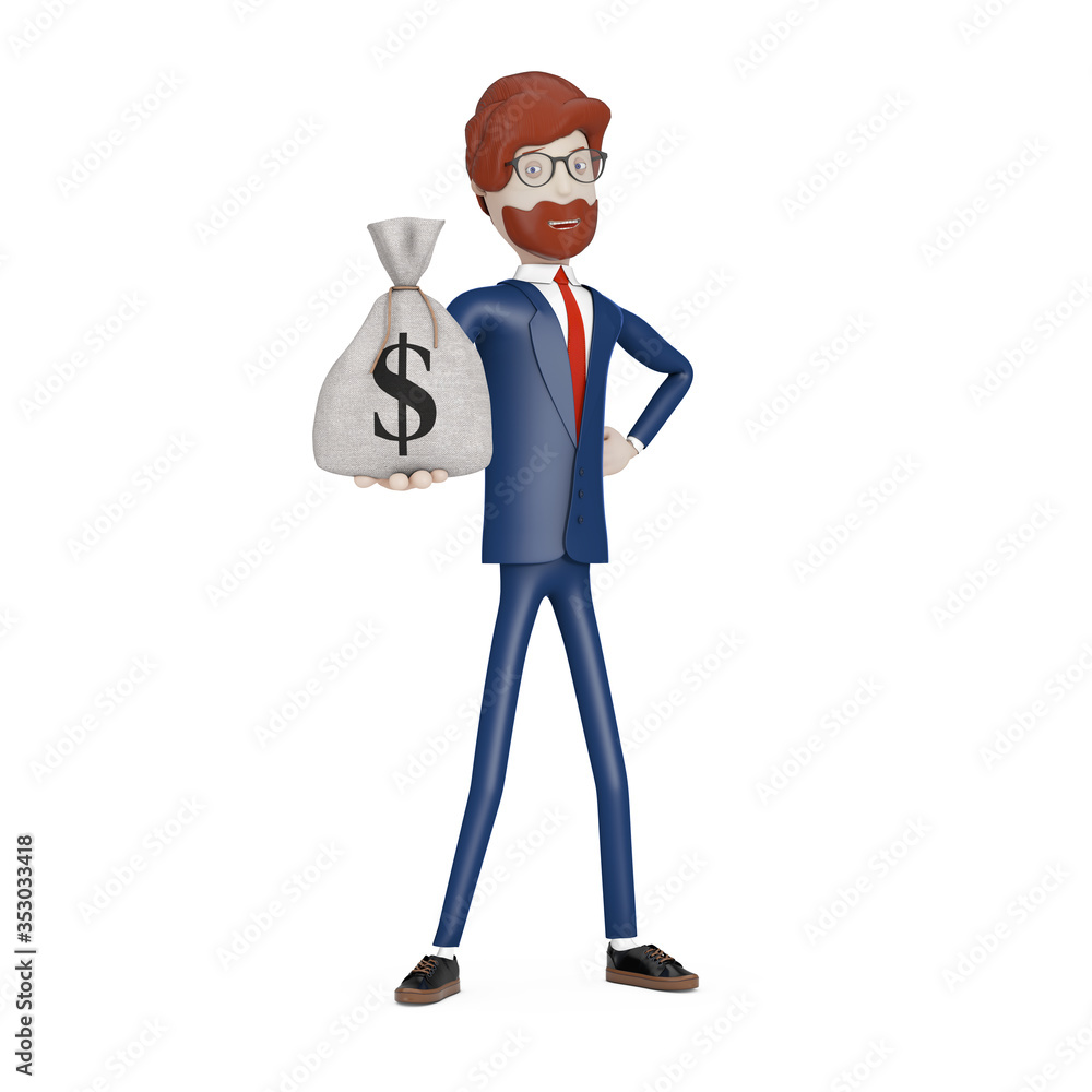 Cartoon Character Businessman with Tied Rustic Canvas Linen Money Sack or Money Bag with Dollar Sign in Hand. 3d Rendering Cartoon Character Businessman with Tied Rustic Canvas Linen Money Sack or Money Bag with Dollar Sign in Hand. 3d Rendering