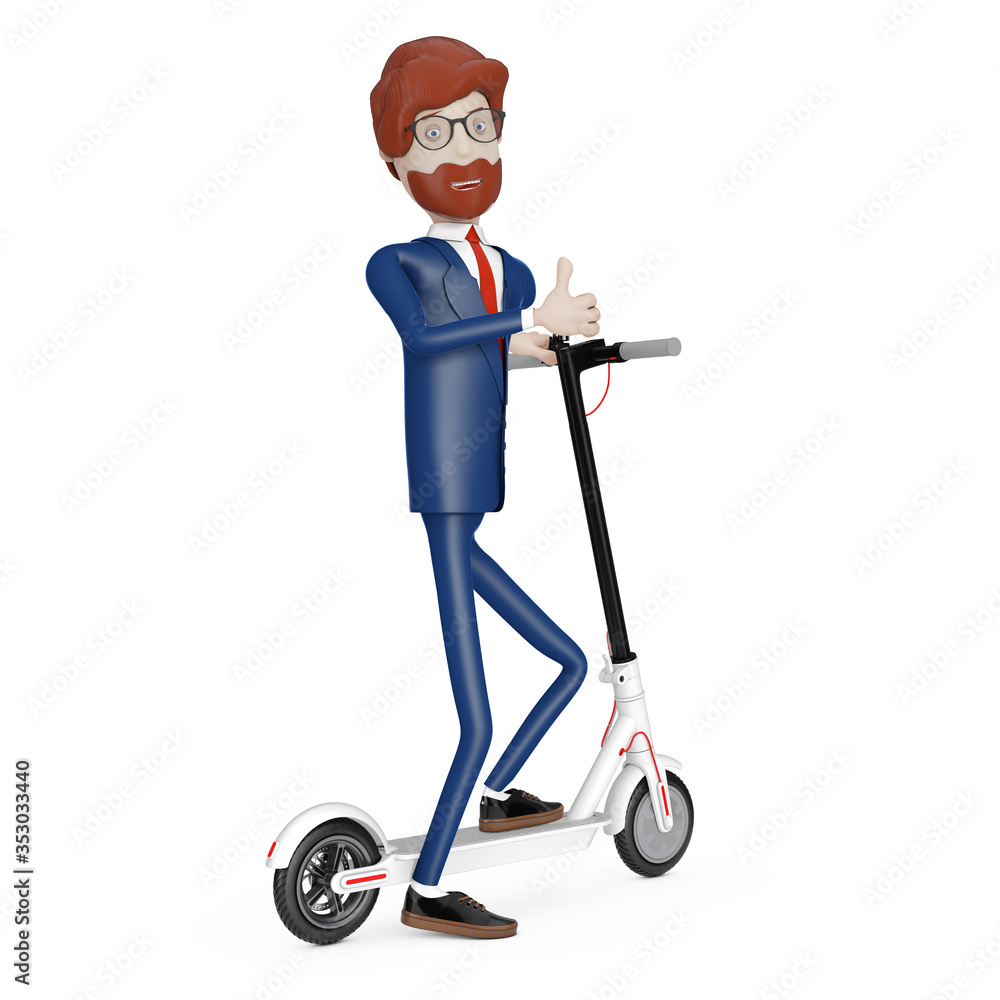 Cartoon Character Businessman with White Modern Eco Electric Kick Scooter. 3d Rendering Cartoon Character Businessman with White Modern Eco Electric Kick Scooter. 3d Rendering