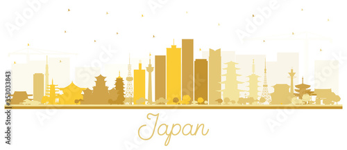 Japan City Skyline Silhouette with Golden Buildings Isolated on White.