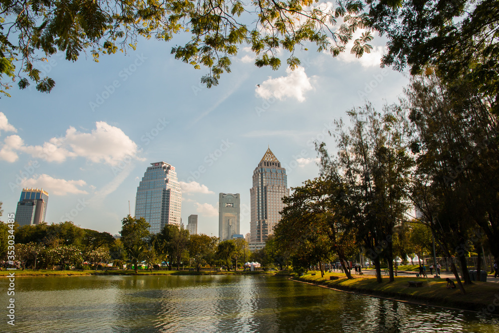 Cityscape at Lumpini park, Bangkok, Thailand