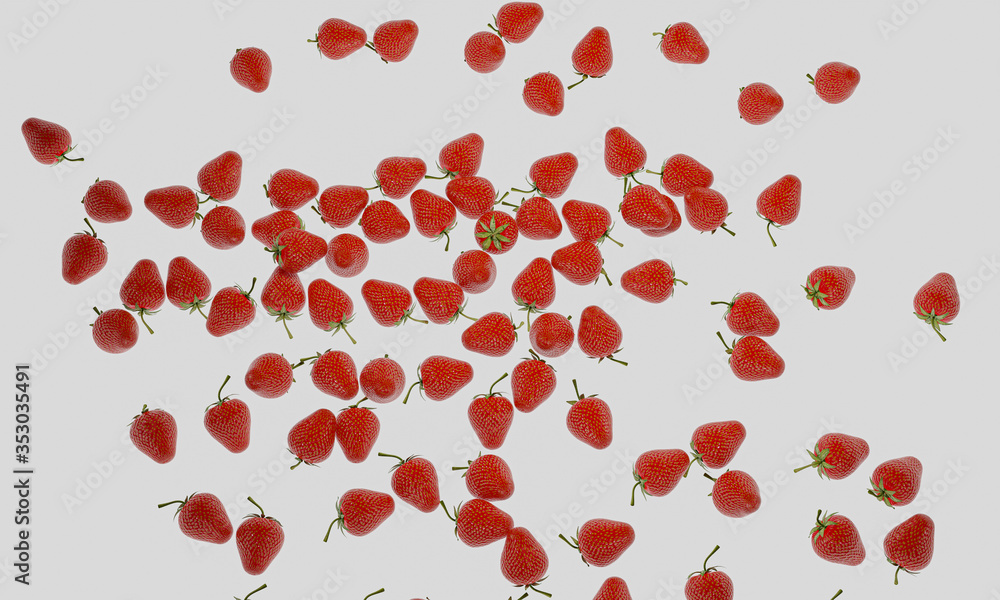 Top view image Many fresh red strawberries spread over a white background and used as background or wallpaper. 3D Rendering Top view image Many fresh red strawberries spread over a white background and used as background or wallpaper. 3D Rendering