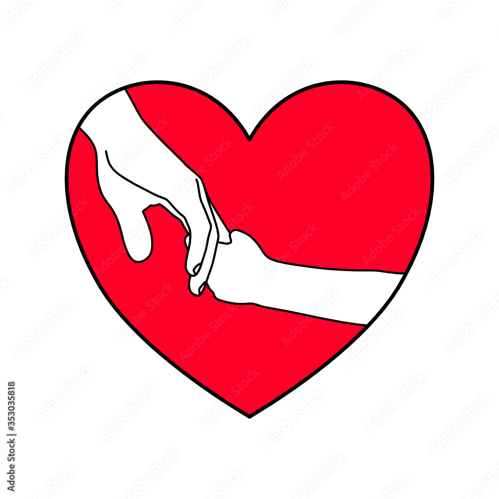 The black outline of child hand is gentle holding the finger of the dad with love and happy in the red heart shape. Family stay together. Holiday spending time. Love and give concept. The black outline of child hand is gentle holding the finger of the dad with love and happy in the red heart shape. Family stay together. Holiday spending time. Love and give concept.