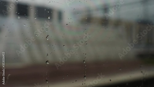 Blurred view through the window of a traveling train during a rainy day. photo