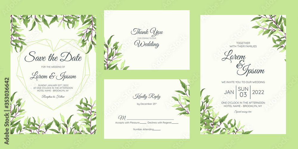 Beautiful greenery floral wedding invitation card template set 