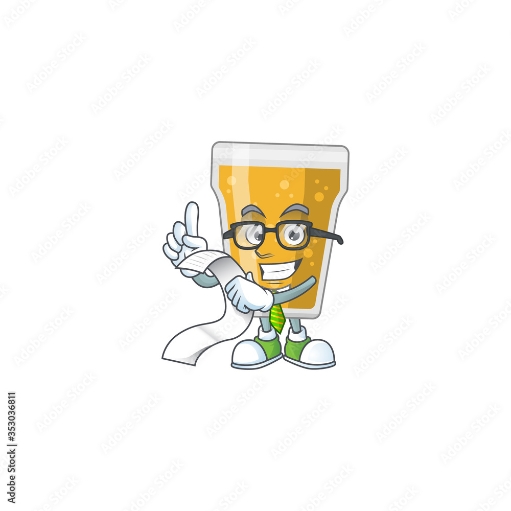 cartoon mascot design of mug of beer holding a menu list