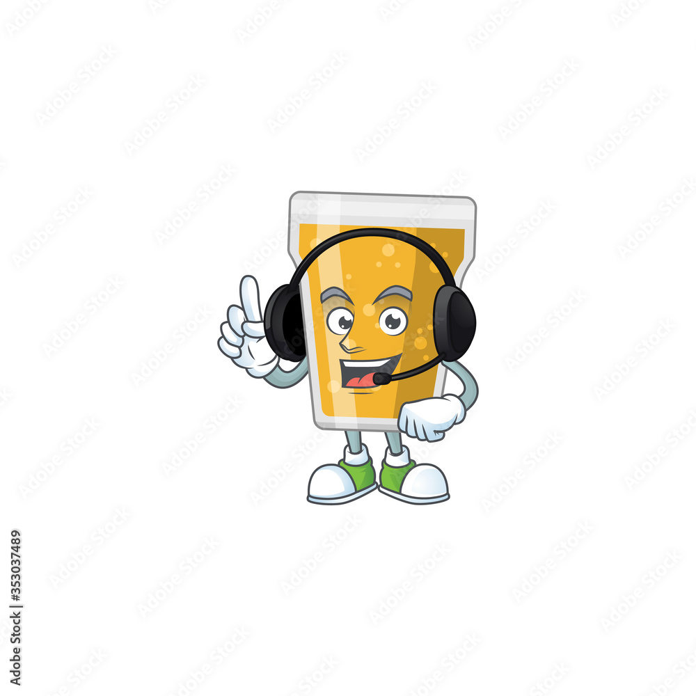 Obraz premium Mug of beer cartoon character style speaking with friends on headphone