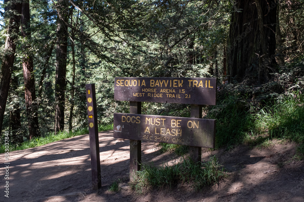 Hiking Trail sign - Redwoods - Sequoia Bayview Trail, West Ridge Trail, California Hiking Trail sign - Redwoods - Sequoia Bayview Trail, West Ridge Trail, California