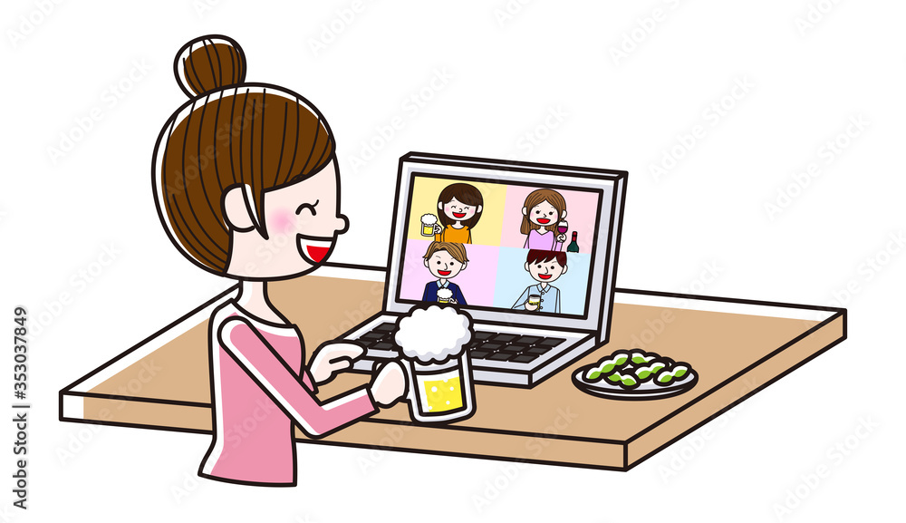 Illustration of people having an online drinking party Illustration of people having an online drinking party