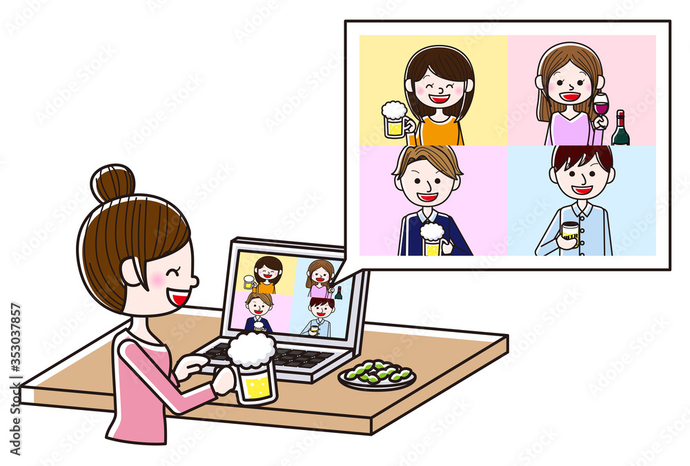 Illustration of people having an online drinking party Illustration of people having an online drinking party