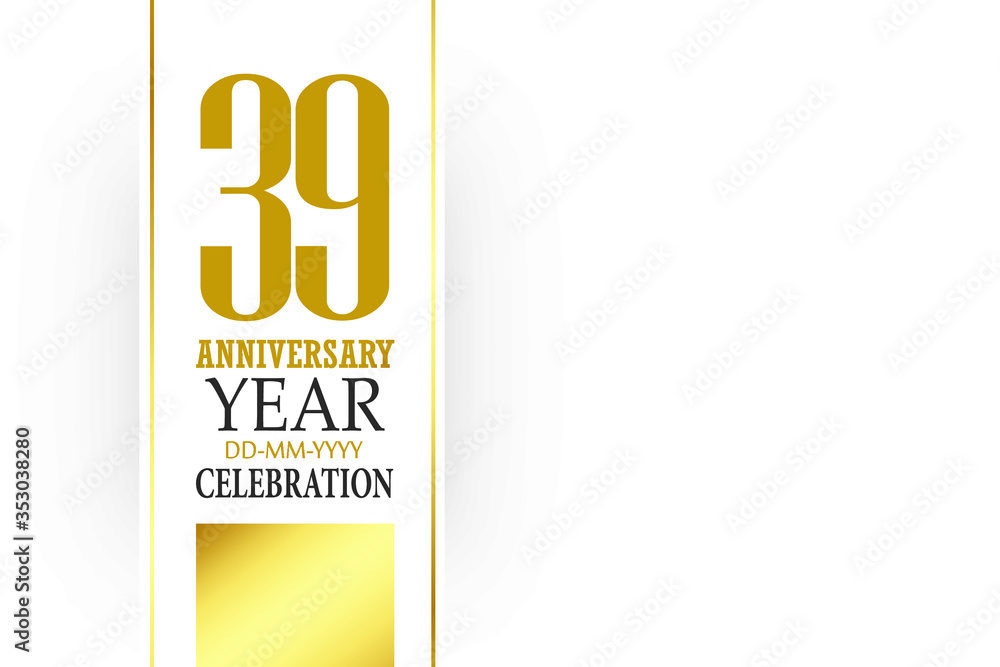 39 year anniversary, minimalist logo Box White Shape . greeting card. Birthday invitation. year sign. Gold space vector illustration on white background - Vector