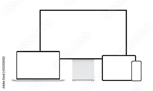 Modern devices mockups: desktop PC, laptop, tablet computer, mobile phone. Vector illustration