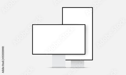 Desktop PC mockups with blank screens, front view. Vector illustration