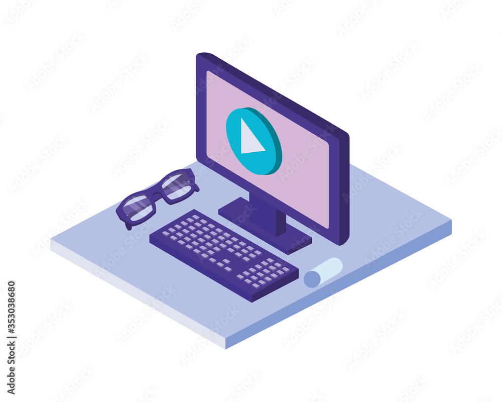 desktop computer with eyeglasses isometric icon desktop computer with eyeglasses isometric icon