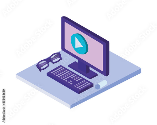 desktop computer with eyeglasses isometric icon