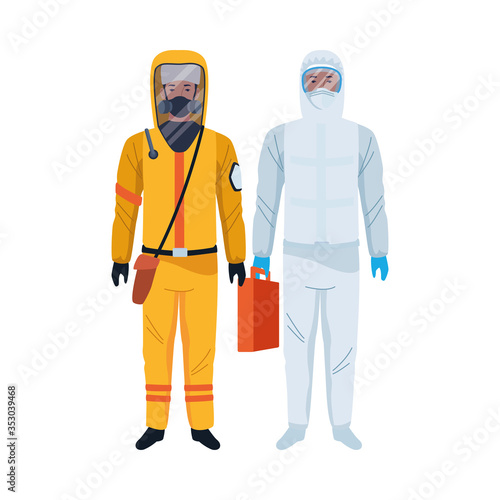 workers wearing biosafety suits characters photo